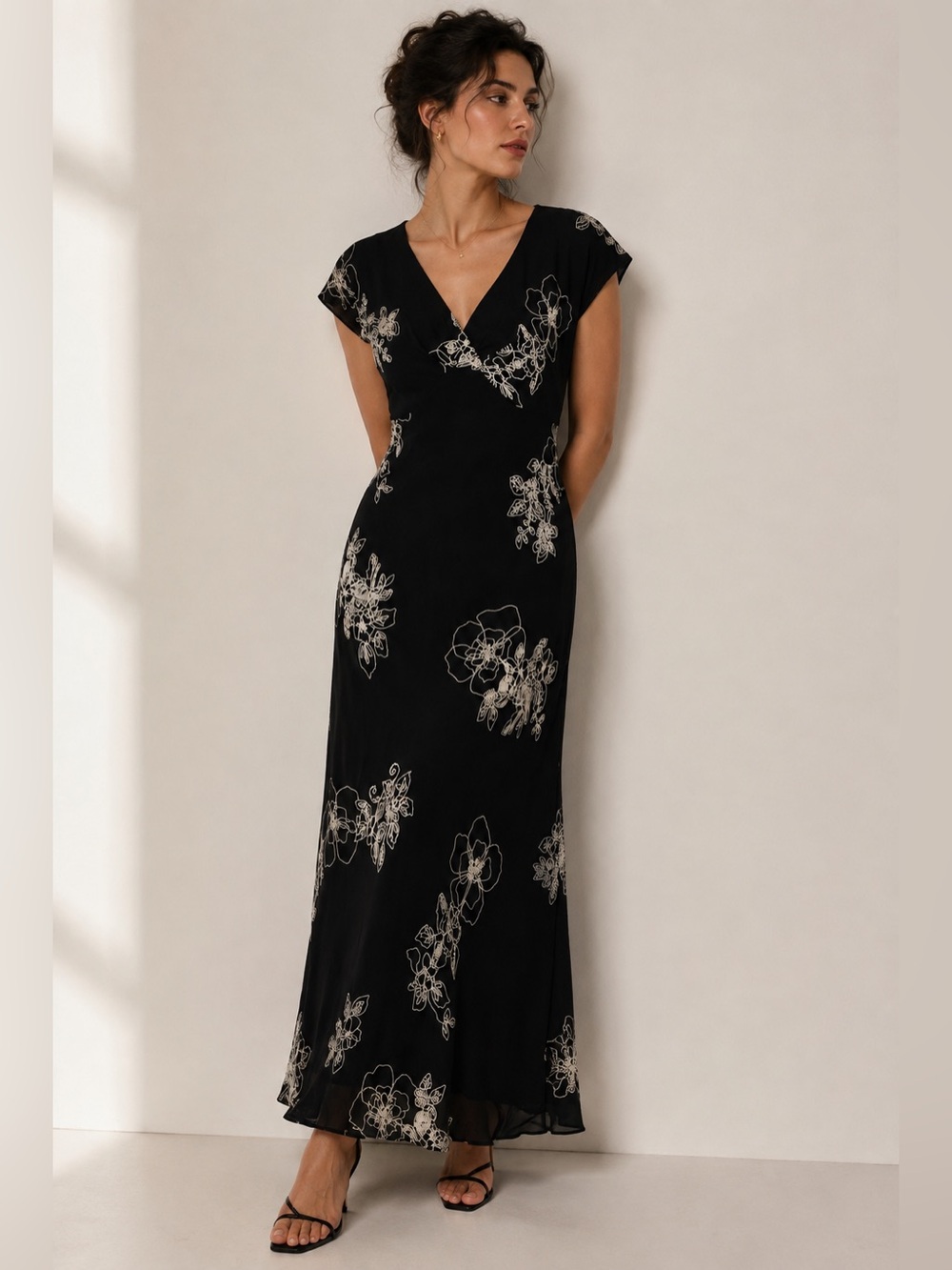 90s Rena Rowan Black Floral Maxi Dress S/M
